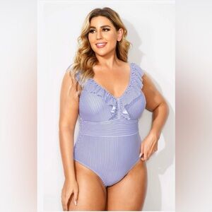 Meet.Curve stripes v-neck ruffled retro 1 piece swim suit. Blue & white. Size L